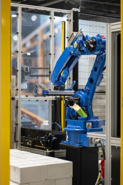 Üretim ve sanayi hattı taşıma bantları, fabrikalar ve teslimat depoları için robot el ekipmanları için otomatik programlanmış robotik kol. Yüksek kalite fotoğraf