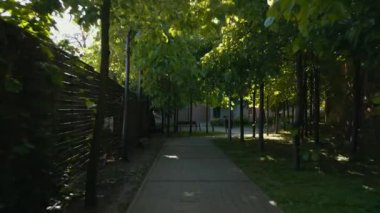 Taştan geçitli güzel, modern yaz bahçesi, banliyölerin arka bahçesi, apartman dairesi, güneş ışınları ve ışık huzmeleri. Yüksek kalite 4k görüntü