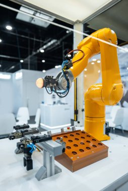 Üretim ve sanayi hattı taşıma bantları, fabrikalar ve teslimat depoları için robot el ekipmanları için otomatik programlanmış robotik kol. Yüksek kalite fotoğraf
