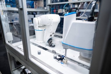 Üretim ve sanayi hattı taşıma bantları, fabrikalar ve teslimat depoları için robot el ekipmanları için otomatik programlanmış robotik kol. Yüksek kalite fotoğraf