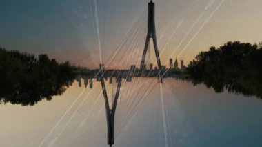 Aynalı fraktallara sahip soyut endüstriyel arka plan, kablolu köprünün gerçeküstü yansıması, şehir mimarisinin simetrisi ve modern tasarım, fütüristik teknoloji arkaplanı. Yüksek kalite 4k görüntü