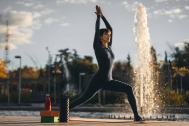 Gün batımında yoga yapan genç, güzel bir kadın. Vücut bilinci açık olan, köpük silindirli, bloklu, kokulu Hint sopalı ve diğer aksesuarlarla egzersiz yapan biri. Yüksek kalite fotoğraf