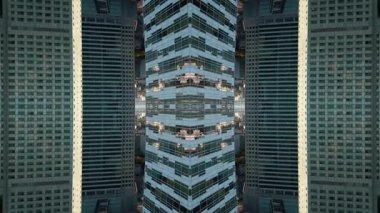Modern uzun gökdelen binasının ve şehir ortamının ayna fraktal etkisi, simetri camı ve metal dış görünüş, yaratıcı teknoloji soyut arka plan, içe dönük geometrik pov. Yüksek kaliteli görüntüler
