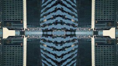 Modern uzun gökdelen binasının ve şehir ortamının ayna fraktal etkisi, simetri camı ve metal dış görünüş, yaratıcı teknoloji soyut arka plan, içe dönük geometrik pov. Yüksek kaliteli görüntüler