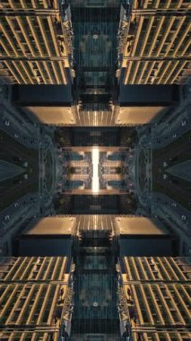 Sunset 'te Aynalı Cam Örnekleri ile Soyut Teknolojik Arkaplan, Simetrik Yansımalar ve Tünel benzeri bir Işıltı içeren Fütürist Tasarım. Yüksek kalite 4k görüntü, dikey video