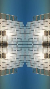 Modern uzun gökdelen cam binasının ve şehir ortamının aynalı fraktal etkisi, simetri 3d metal dış görünüş, yaratıcı soyut arka plan 4k, içe dönük geometrik pov. Yüksek kaliteli görüntüler