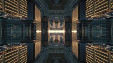 Sunset 'te Aynalı Cam Örnekleri ile Soyut Teknolojik Arkaplan, Simetrik Yansımalar ve Tünel benzeri bir Işıltı içeren Fütürist Tasarım. Yüksek kalite 4k görüntü