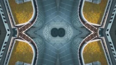 Sunset 'te Aynalı Cam Örnekleri ile Soyut Teknolojik Arkaplan, Simetrik Yansımalar ve Tünel benzeri bir Işıltı içeren Fütürist Tasarım. Yüksek kalite 4k görüntü