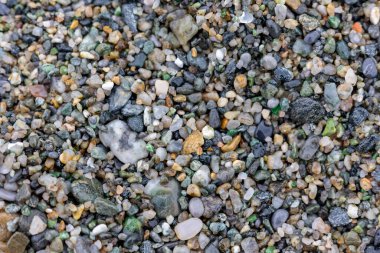 Kusursuz soyut arka plan düzlüğü yatıyordu. Renkli deniz çakıl taşlarının yakın çekim dokusu. Çakıl taşlarıyla renklendirilmiş, açık hava manzarası ve bahçe dekorasyonu için elementler.. 