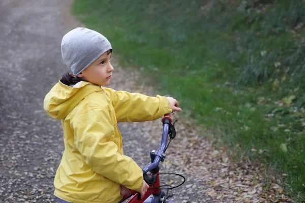 Chłopiec Żółtej Kurtce Rowerze Tle Drogi Parkowej Koncepcja Dla Dzieci — Zdjęcie stockowe