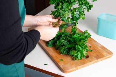 Tahta kesme tahtasında taze maydanoz hazırlayan bir kadın sağlıklı beslenmeyi ve bitkileri korumak için ev yemeğini sembolize ediyor. Maydanozu kış deposuna hazırlıyorum..
