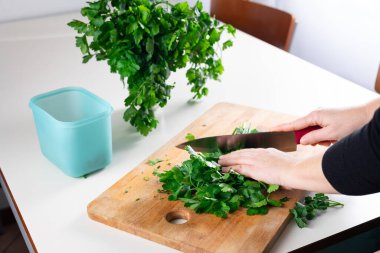Tahta kesme tahtasıyla maydanoz doğrayan ve besleyici bir yemek için malzeme hazırlayan kadınların ellerini kapatın. Maydanozu kış deposuna hazırlıyorum.