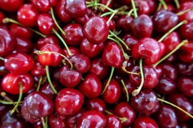 Yeşil saplı olgun, sulu kırmızı kirazlar doğanın cömertliğini ve güzelliğini göstermek için mükemmel renkli ve iştah açıcı bir zemin oluşturur.