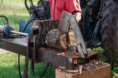 Çiftçi traktörle çalışan bir kütük ayırıcı kullanıyor, kış ısıtma için odun kesiyor, kırsal bölgelerde geleneksel ahşap hazırlama yöntemlerini gösteriyor