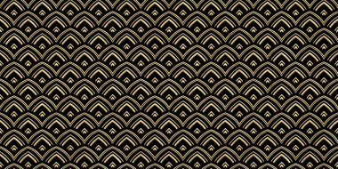 Kusursuz Japon ejderha ölçekli desen. Süslü, doğulu, soyut altın kaplama, koyu siyah arka planda rahatlama. Modern zarif metalik lüks fon. Maximalist yaldızlı duvar kağıdı 3D görüntüleme