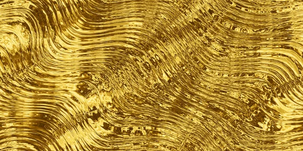 Seamless gold stained glass refraction waves background texture. Shiny golden yellow molten abstract reflective gold foil relief pattern. Christmas or New Years eve party flyer backdrop 3D rendering