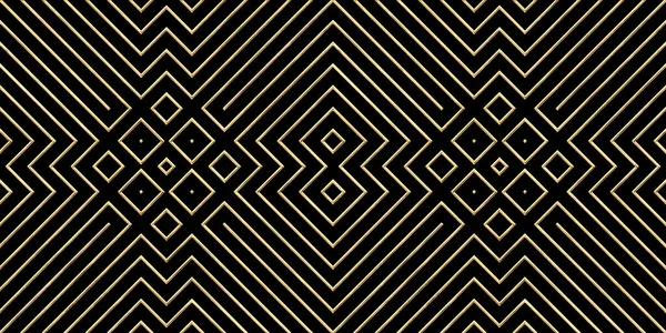 Seamless golden geometric tribal diamond fine line pattern. Vintage abstract gold plated relief sculpture on black background. Modern elegant lux backdrop. Maximalist gilded wallpaper 3D rendering