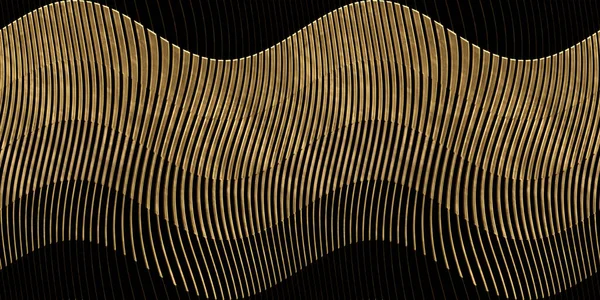 Seamless golden striped wave pattern. Vintage abstract gold plated relief sculpture on dark black background. Modern elegant metallic luxury backdrop. Maximalist gilded wallpaper 3D rendering