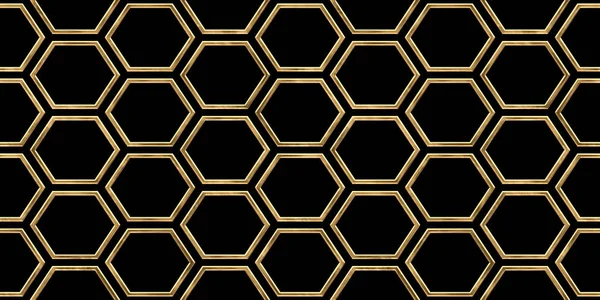Seamless golden hexagon honeycomb pattern. Vintage abstract gold plated relief sculpture on dark black background. Modern elegant luxury technology backdrop. Maximalist gilded wallpaper 3D rendering