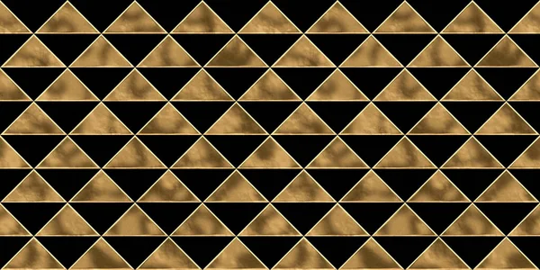Seamless golden triangle checker mosaic pattern. Vintage abstract gold plated relief sculpture on black background. Modern elegant metallic luxury backdrop. Maximalist gilded wallpaper 3D rendering