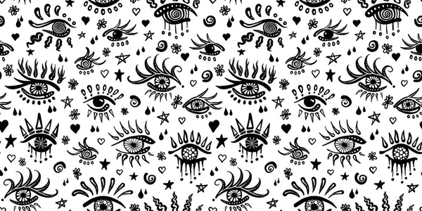 Cute hand drawn evil eye or third eye doodle tattoo flash sheet with star, heart, flower, spirals and tear drop good luck charms seamless pattern. Black and white playful kidult pen and ink drawing