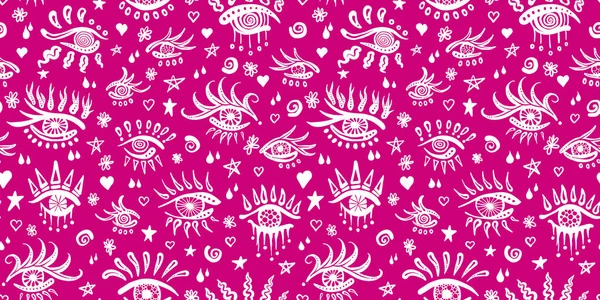 Cute hand drawn evil eye or third eye doodle tattoo flash sheet with star, heart, flower, spirals and tear drop good luck charms seamless pattern. Hot pink barbiecore trendy line art drawing backdrop