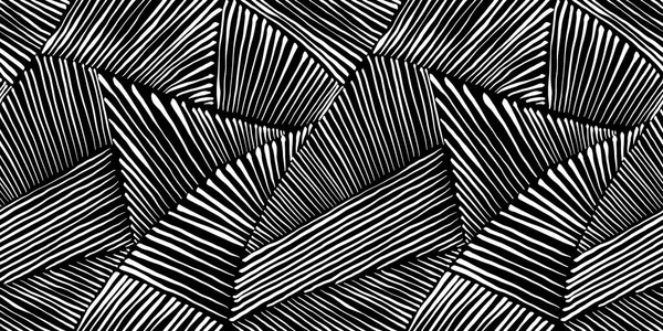 Stock image Seamless hand drawn geometric patchwork pattern made of fine white stripes on black background. Abstract rolling hills landscape motif or thatched polygons texture in a trendy doodle line art style