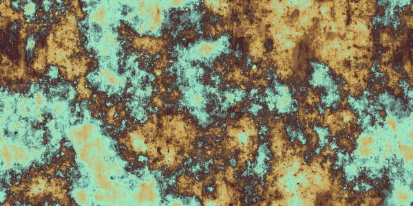 Seamless oxidized copper patina sheet metal wall panel grunge background texture. Vintage antique weathered and worn rusted bronze or brass abstract pattern. Orange brown and mint green 3D rendering