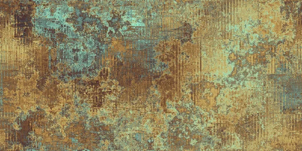 Seamless oxidized copper patina corrugated sheet metal grunge background texture. Vintage antique weathered and worn rusted bronze or brass abstract pattern. Orange brown and mint green 3D rendering