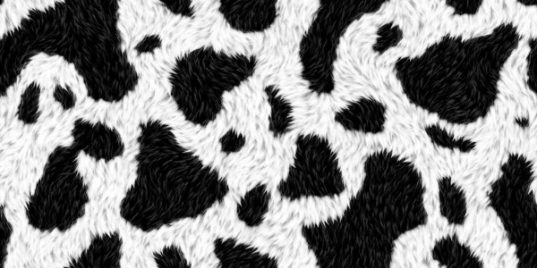 Seamless soft fluffy large mottled cow skin, dalmatian or calico cat spots camouflage pattern. Realistic black and white long pile animal print rug or fur coat fashion background texture 3D rendering