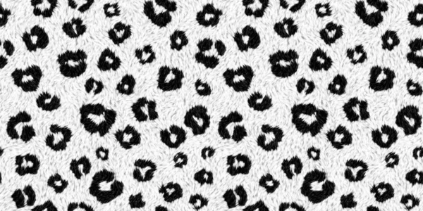 Seamless soft fluffy leopard print or cheetah spots African safari wildlife camouflage pattern. Realistic black and white long pile animal skin rug or fur coat fashion background texture 3D rendering