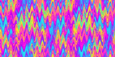 Kusursuz psikedelik gökkuşağı dalgalı sıcak hava dalgası zigzag kıvrımlı arka plan dokusu. Tuhaf hippi soyut dopamin kıyafet motifi. Parlak renkli neon duvar kağıdı veya retro arkaplan