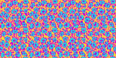 Kusursuz psikedelik gökkuşağı 80 'lerin leopar desenli hayvan derisi arka plan dokusu. Tuhaf soyut dopamin motifi. Parlak renkli neon pembe, mavi ve sarı duvar kağıdı veya retro arkaplan
