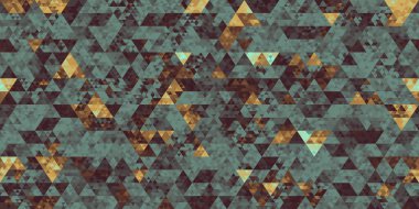 Seamless copper patina colored triangle mosaic low poly geometric background texture. Vintage antique green and bronze or brass palette abstract digital camo technology backdrop polygons pattern
