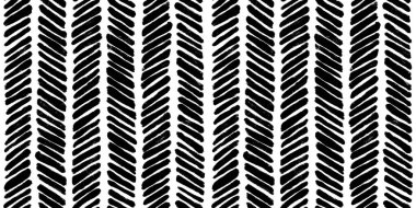 Seamless whimsical abstract hand drawn striped herringbone pattern. Monochrome bold black paint strokes chevron motif texture on white background in a trendy painterly scribble doodle line art style