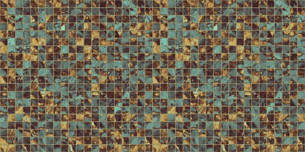 Seamless copper patina green colored broken and cracked tiles grunge background texture. Vintage antique weathered and worn rusted bronze or brass abstract craquelure mosaic pattern. 3D rendering