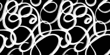 Kusursuz, kaprissiz, soyut el çizimi, karalama deseni ya da serbest stil girdap motifi. Tek renkli, koyu beyaz boya, siyah arkaplanda moda, karalama çizgisi sanat tarzında desen oluşturuyor.