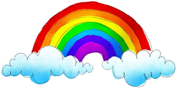 Arco Íris Colorido Nuvens Mão Desenhada Aquarela Lápis Cera Desenho — Fotografia de Stock