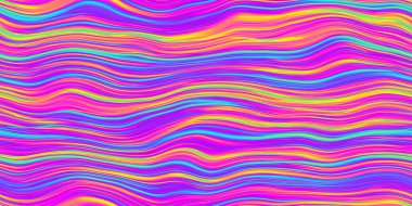 Seamless psychedelic rainbow wavy stripes pattern background texture. Trippy abstract striated agate marble slice dopamine dressing style fashion motif. Bright colorful neon retro wallpaper backdrop clipart
