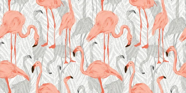 Naadloze Hand Geschilderd Roze Flamingo Abstracte Tropische Palmblad Herhaling Patroon — Stockfoto