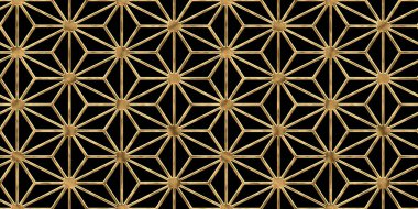 Kusursuz lüks Art Deco Japon asanoha kenevir yaprağı deseni. Klasik soyut geometrik origami yıldızı altın kaplama duvar kağıdı arka plan dokusunu çiziyor. 3B görüntüleme