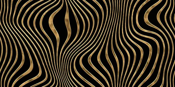 Seamless golden surreal Art Noveau wavy wonky vertical stripes pattern. Vintage warped vaporwave lines gold plated relief sculpture on black background. Trendy trippy luxury wallpaper. 3D rendering