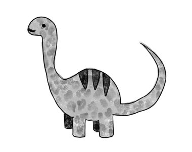 Brontosaurus ya da brachiosaurus eli beyaz arka planda izole edilmiş yüksek kontrastlı siyah ve beyaz dinozor silueti klipleri çizdi. Suluboya ve pastel boya sevimli çizgi film bebek dino tasarım elementi