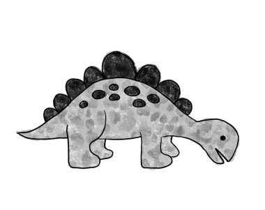 Stegosaurus veya Ankylosaurus 'un eli beyaz arka planda izole edilmiş yüksek kontrastlı siyah ve beyaz dinozor silueti klipleri çizdi. Suluboya ve pastel boya sevimli çizgi film bebek dino tasarım elementi