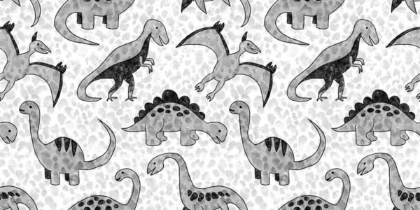 Sivri uçlu leopar benekli arka planda siyah-beyaz, yüksek kontrastlı dinozor deseni çizilmiş. Suluboya ve pastel boya karikatür sanat dinozor siluetleri bebek kıyafetleri ya da çocuk odası duvar kağıtları için