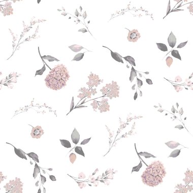 suluboya çiçekler ve dallar pürüzsüz desenler, beyaz arka planda elle boyanmış çiçek resimleri.