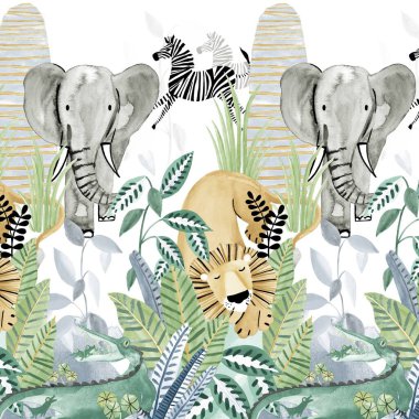 seamless pattern with elephant and leaves. watercolor illustration with tropical plants. jungle background. clipart