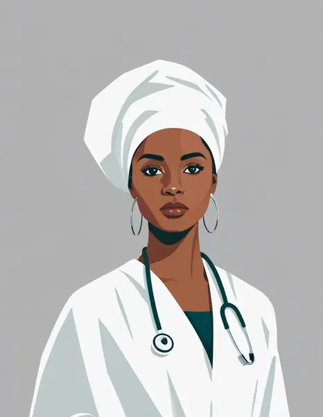 Beyaz sabahlık giymiş Afrikalı bir hemşire.