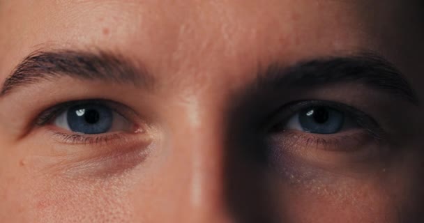 Макро Крупным Планом Красивых Голубых Радужных Глазах Смотрящих Прямо Камеру — стоковое видео