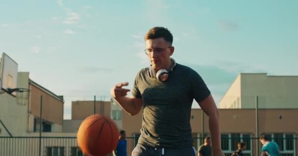 Slow Motion Sportman Wears Fashionable Sportswear Glasse Modern New Headphones — Video